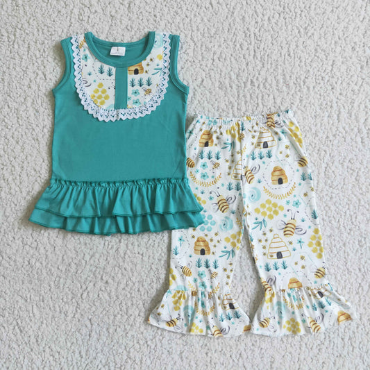 Summer sleeveless green topclothing cropped flared pants bee print