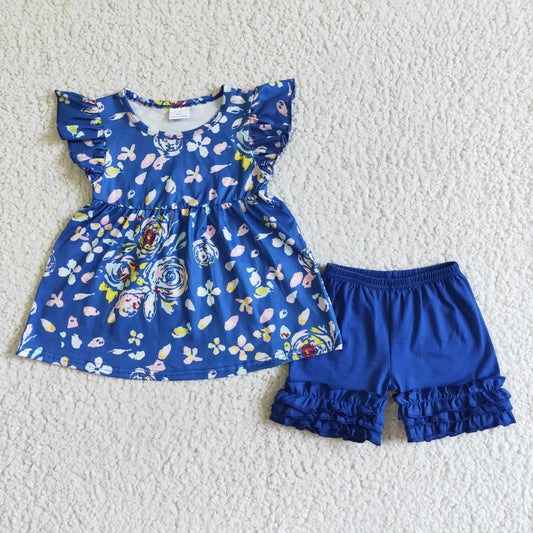 Blue flower small flying sleeve top blue shorts
